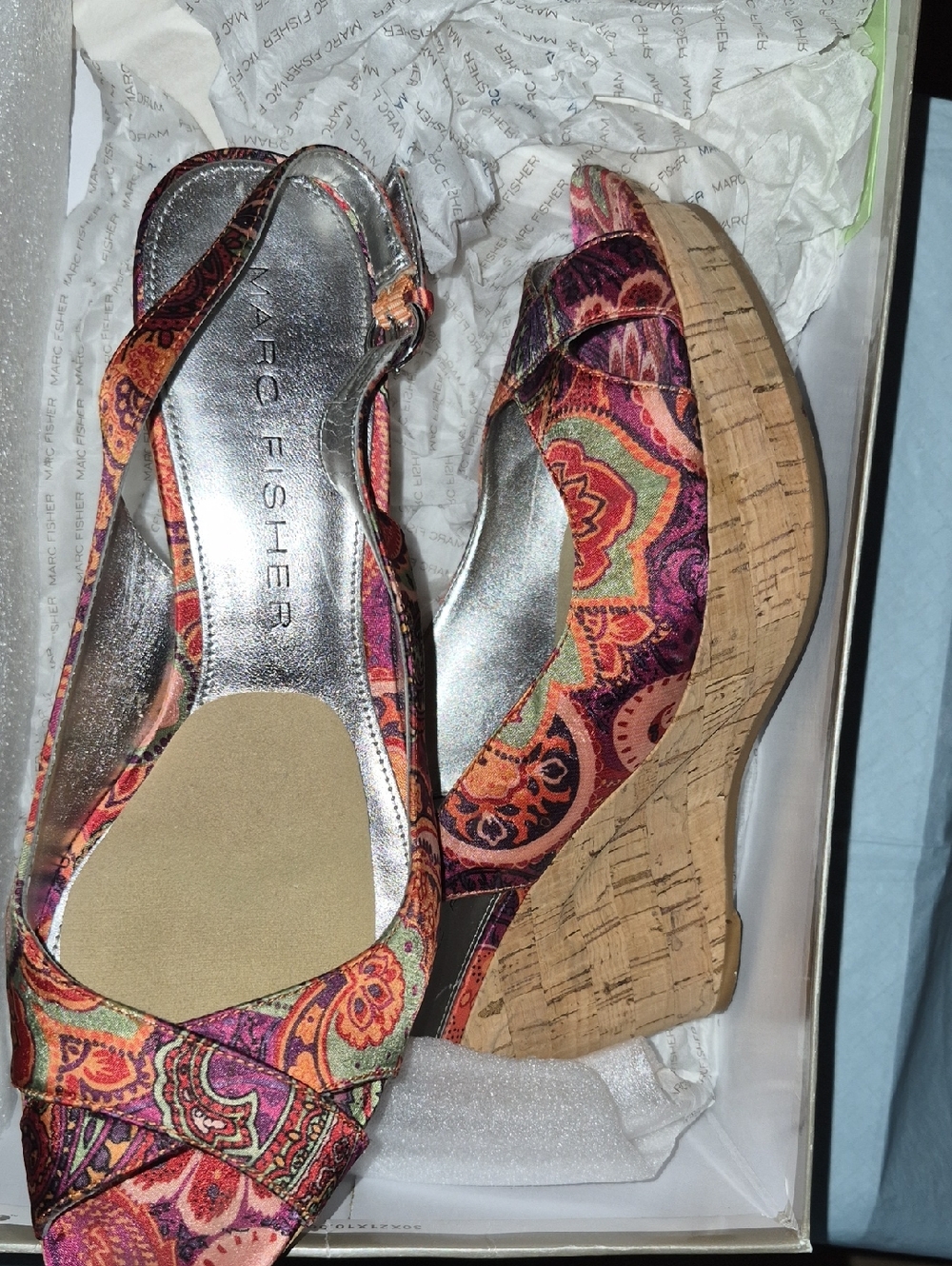 Marc Fisher Multicolor Paisley Cork Wedge Sandals